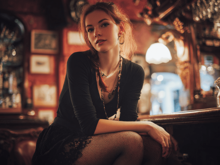Confident woman showing attraction in a dimly lit bar environment, symbolizing the cool guy effect, desire, and why women chase men who are hard to get